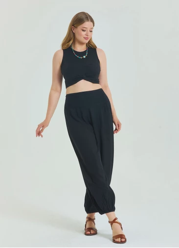 Elastic Waist Relaxed Cut Black Plus Size Trousers 4627